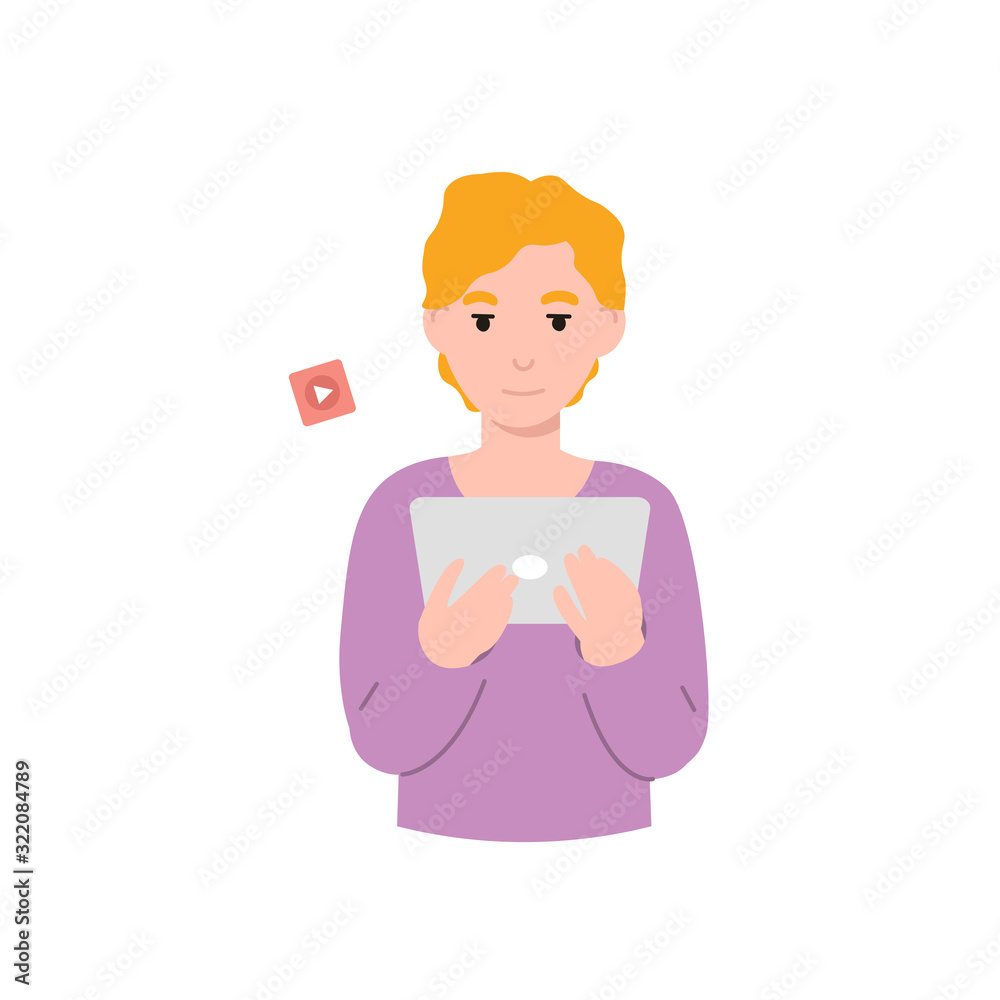 Red haired young guy holds a tablet and watches video online. Flat vector modern cartoon illustration. Red haired young guy holds a tablet and watches video online. Flat vector modern cartoon illustration.