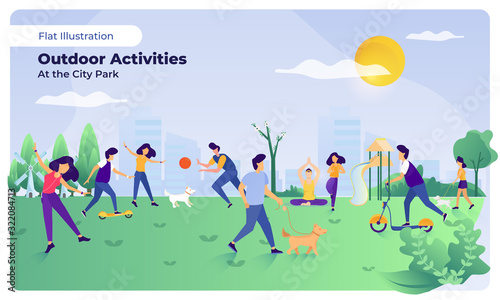 Outdoor activities at the city park on illustration set