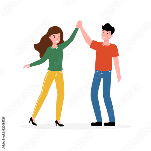 Two people woman and man giving a high five. Flat vector cartoon illustration isolated white background.