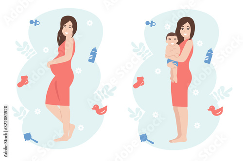 Happy pregnant woman. Girl expecting a baby holds on to big belly. Female holds child in her arms. Flat vector cartoon character illustration isolated white background.