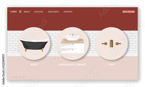 Landing page template of furniture store. Furniture for bathroom. Cozy home interior in Scandinavian with houseplant. Stock vector illustration in flat style.