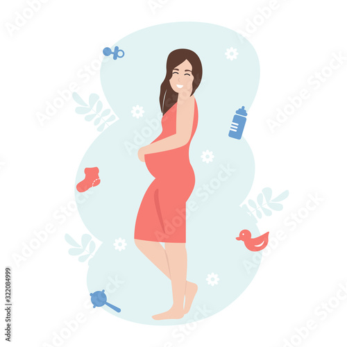 Happy pregnant woman. Girl expecting a baby holds on to big belly. Flat vector cartoon character illustration isolated white background.