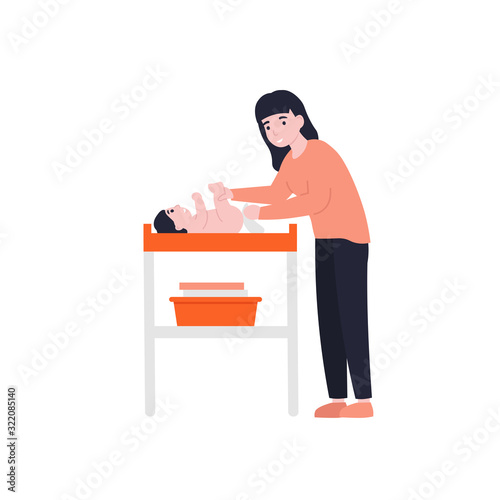 Mother and baby change diaper on changing table in clean dry nappy. Young mom taking care of little kid. Flat vector cartoon illustration.