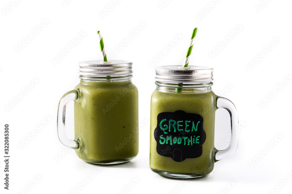 Healthy green smoothie with spinach,mint, kiwi, ginger and green apple isolated on white background Healthy green smoothie with spinach,mint, kiwi, ginger and green apple isolated on white background