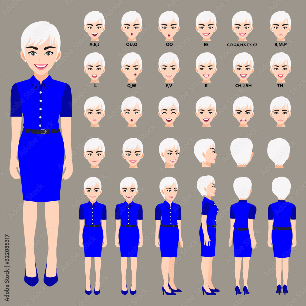 © titaporn - Cartoon character with business woman in beautiful dress for animation. Front, side, back, 3-4 view character. Separate parts of body. Flat vector illustration. © titaporn - Cartoon character with business woman in beautiful dress for animation. Front, side, back, 3-4 view character. Separate parts of body. Flat vector illustration.