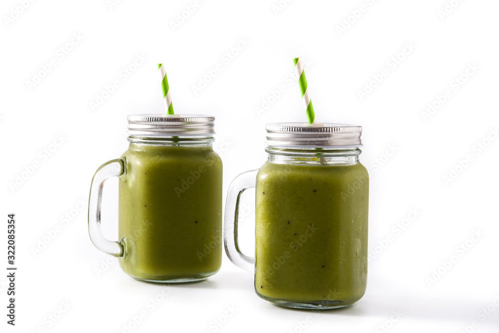 Healthy green smoothie with spinach,mint, kiwi, ginger and green apple isolated on white background Healthy green smoothie with spinach,mint, kiwi, ginger and green apple isolated on white background