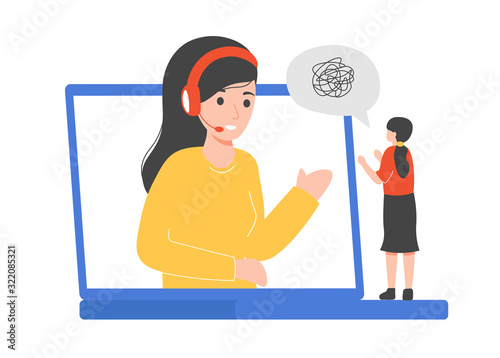 Emotional and psychological support. Occupational therapists and psychologists  provide emotional and psychological support talking and listening woman online. Flat vector cartoon illustration concept