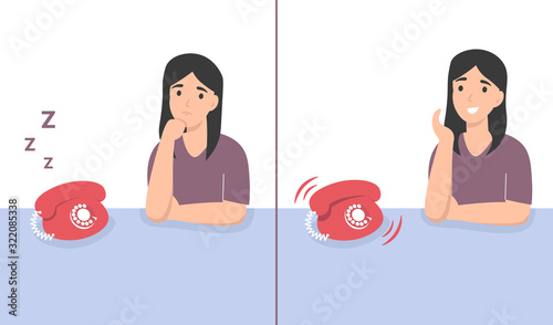 Sad woman is waiting for a call. Happy girl receive an incoming call. Flat vector cartoon illustration.