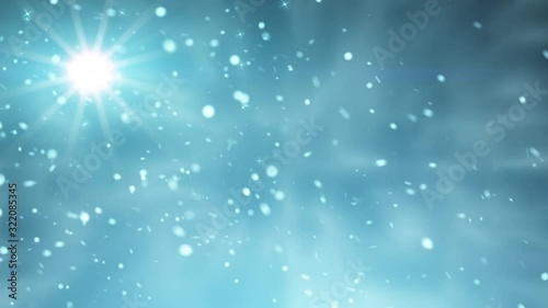 Falling white and gold snowflakes on night sky with snowstorm in winter. Falling snow background concept. 4k motion.