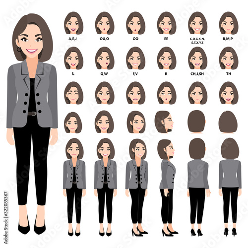 Cartoon character with business woman in suit for animation. Front, side, back, 3-4 view character. Separate parts of body. Flat vector illustration. 330