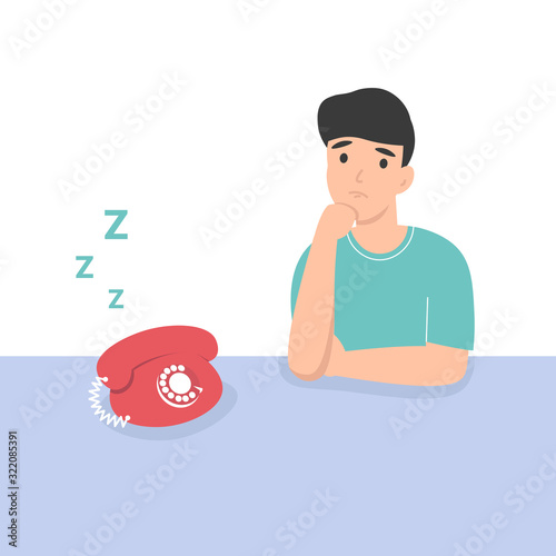 Sad man is waiting for a call. Flat vector cartoon illustration.