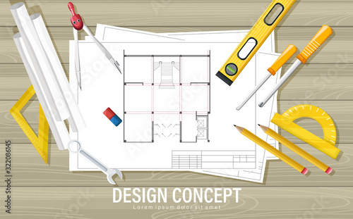 Blueprint design concept with architect tools on wooden table