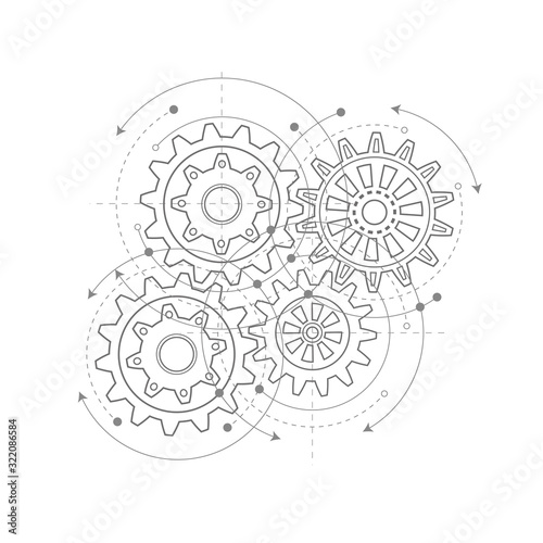 Technical drawing of gears .Rotating mechanism of round parts .Machine technology. Vector illustration.	
