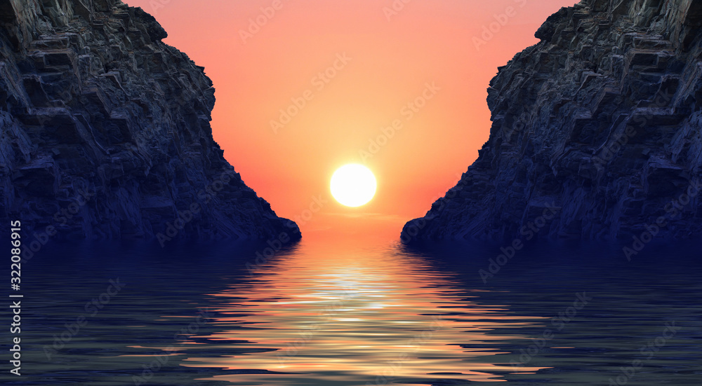 seascape sunset sea mountains sun water 3D illustration