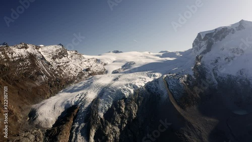 Slow Orbit aerial view of a snow and ice covered clacier in the swiss alps photo