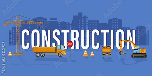 Construction logo template with office workers and architects develop team. Online brochure designs