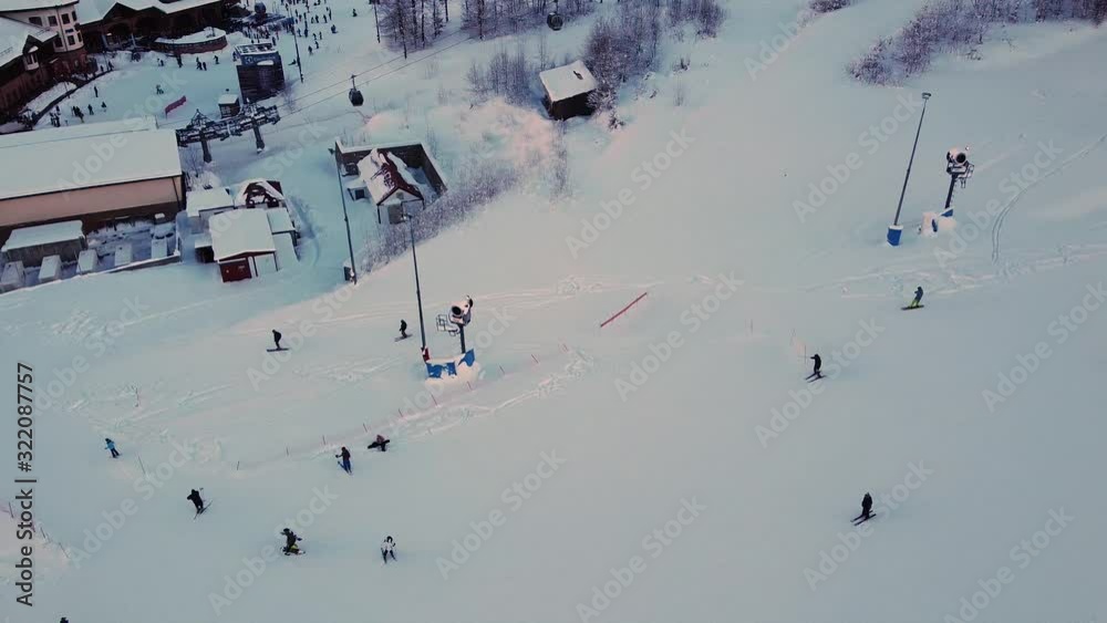 Aerial landscape view of Caucasus Mountains Rosa Khutor, Sochi, Russia, Red Glade, funicular, chairlift