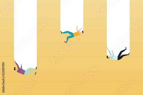 Business crisis and financial recession vector concept with businessmans falling into a hole. Minimalist art style. Symbol of failure, decline, bankruptcy and loss.