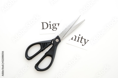 the word dignity is written on a piece of paper and scissors on a white background cut the word