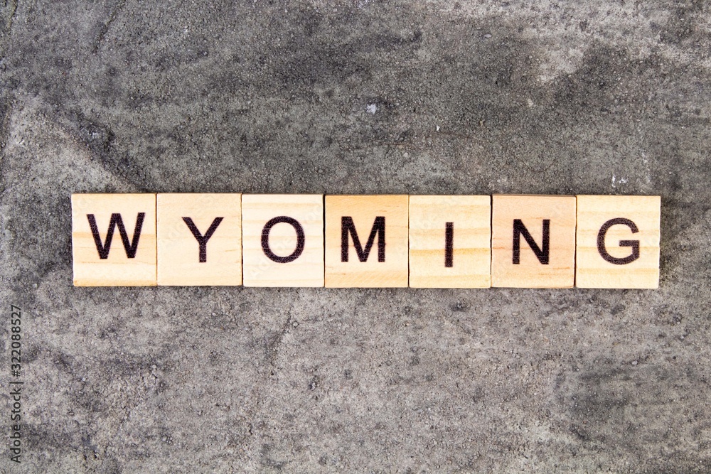 Wyoming word written on wood block, on gray concrete background. Top view. Wyoming word written on wood block, on gray concrete background. Top view.