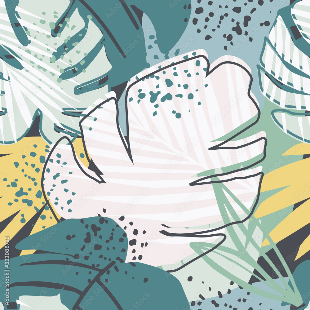 Fototapeta premium Seamless pattern with exotic rainforest leaves. Contemporary collage design.