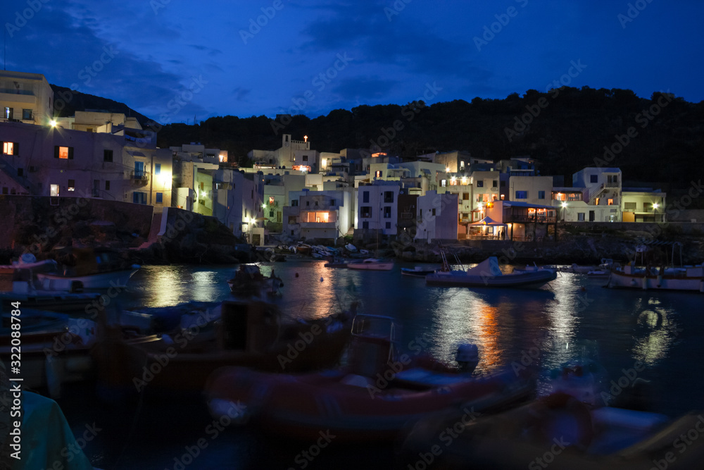 Night view of the fishing village of Levanzo Island, in the Egadi Islands in Sicily, Italy.