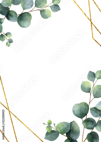Watercolor vector frame with green eucalyptus leaves. 