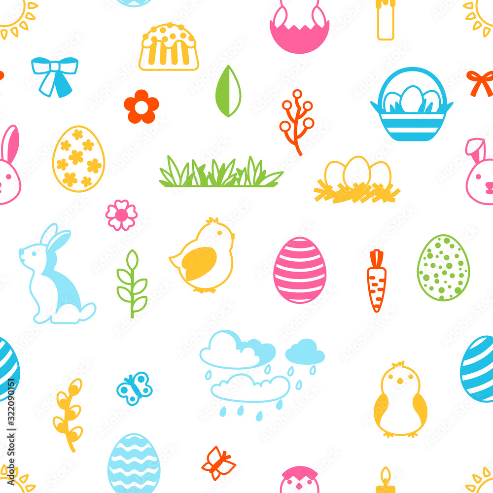 Happy Easter seamless pattern with holiday items. Happy Easter seamless pattern with holiday items.