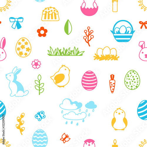 Happy Easter seamless pattern with holiday items.
