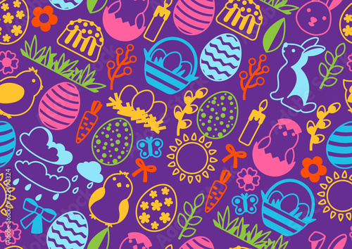 Happy Easter seamless pattern with holiday items.
