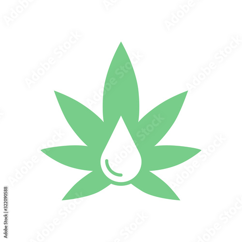 Icon of a marijuana leaf with a drop of oil. Flat and green design.