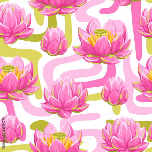 Seamless pattern with lotus flowers. Water lily decorative illustration.