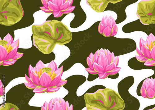 Seamless pattern with lotus flowers. Water lily decorative illustration.