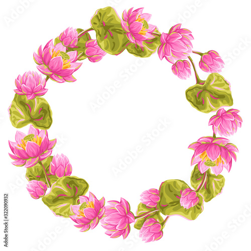 Frame with lotus flowers. Water lily decorative illustration.