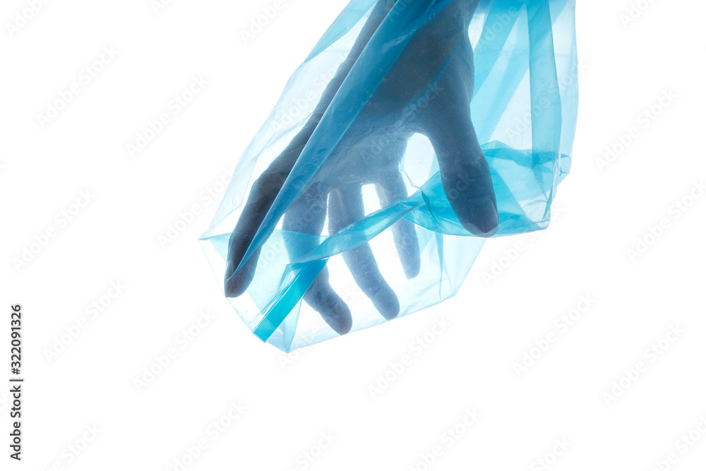 Silhouette of hand try to catch and stuck in blue plastic bag isolated on white background, plastic pollution and environmental problem, global warming and zero waste concept.