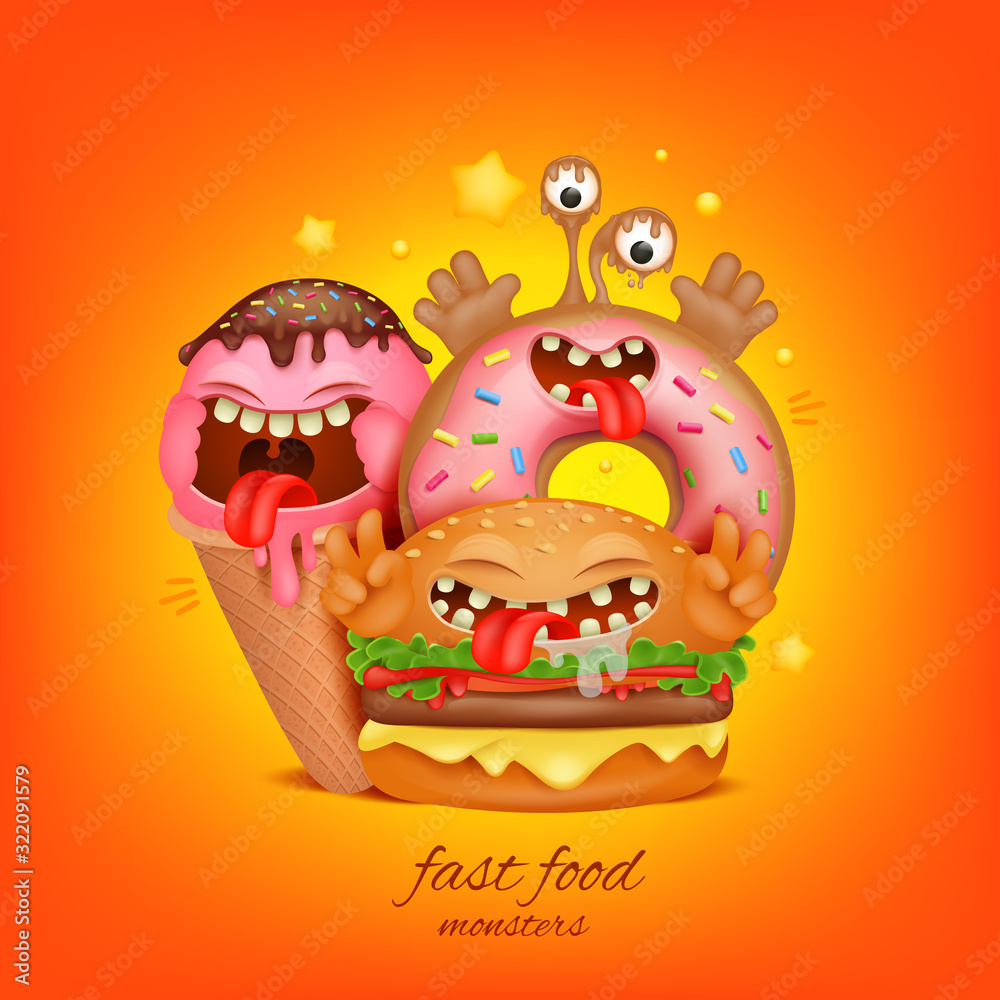 Obraz premium Fast food menu concept. Burger, ice cream, donut cartoon monster characters