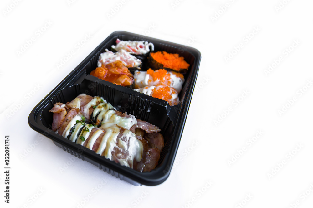 Plastic Container, Black Background, No People, Sushi, Take Out Food Plastic Container, Black Background, No People, Sushi, Take Out Food