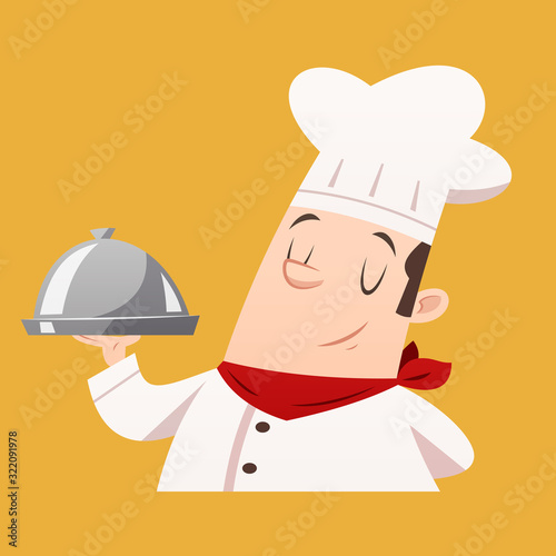 Cartoon chef serving food vector isolated illustration