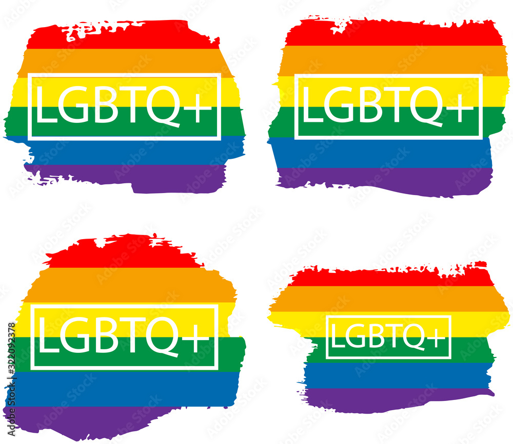 Fototapeta premium Lgbt+ gay rainbow flag set on the grunge watercolor splash. Gay and lesbian pride symbols. Sticker, patch, t-shirt print, logo design.