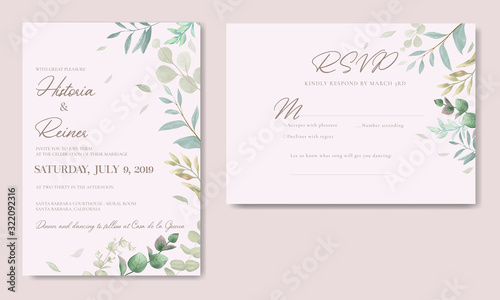 Elegant wedding invitation template with eucalyptus leaf photo
