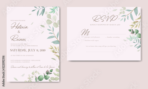 Elegant wedding invitation template with eucalyptus leaf