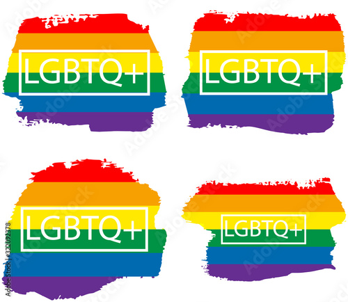Lgbt+ gay rainbow flag set on the grunge watercolor splash. Gay and lesbian pride symbols. Sticker, patch, t-shirt print, logo design. photo