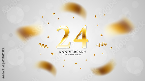 24th anniversary celebration with gold color and white background bokeh effects and sparkling confetti. modern elegant design can be used for a wedding or company. editable vector EPS 10