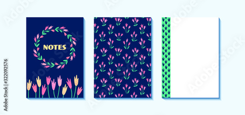 Design template for notebook cover and page, size a4, hand drawn flowers