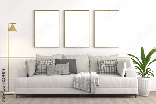 Interior design setup, modern elegant living-room consisting of white couch with various pillows and textiles, lamp and plant on a pot on white wall with framed blanck canvas for mock up 3d render.