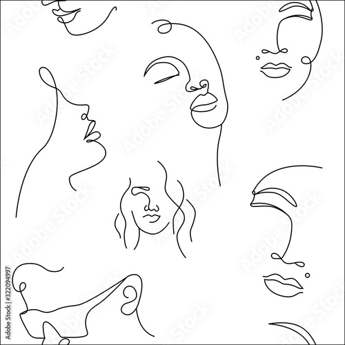 One line face seamless pattern. Continuous line women doodle drawing, abstract acontemporary female silhouettes. Hand drawn vector illustration