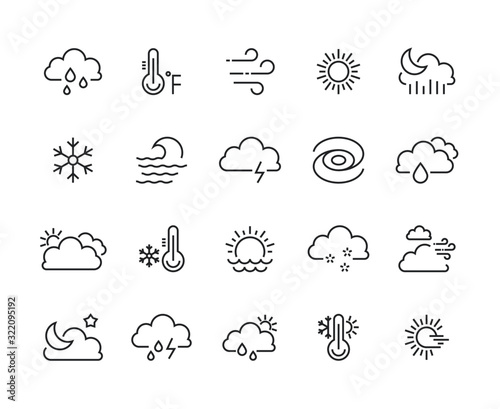 Weather climate line icons. Temperature outline set of cold ice snow fog sun winter rain cloud signs for web apps. Vector linear illustration editable stroke