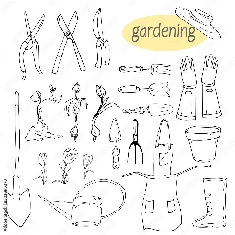 Set of black and white vector elements, tulip and crocus seedlings, tools for working on a precautionary plot or in a garden. Illustration isolated on a white  background, vector, eps 10