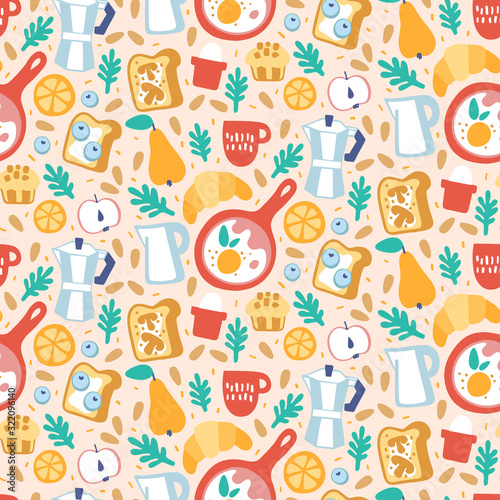 Bright seamless pattern. Breakfast items food and drink in doodle style.