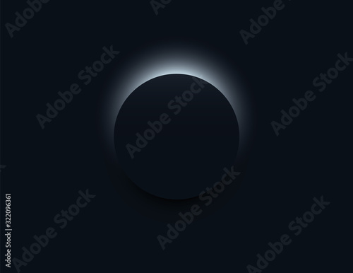Minimal black vector background with dark 3d circle with light behind it. Product presentation or dark wallpaper.